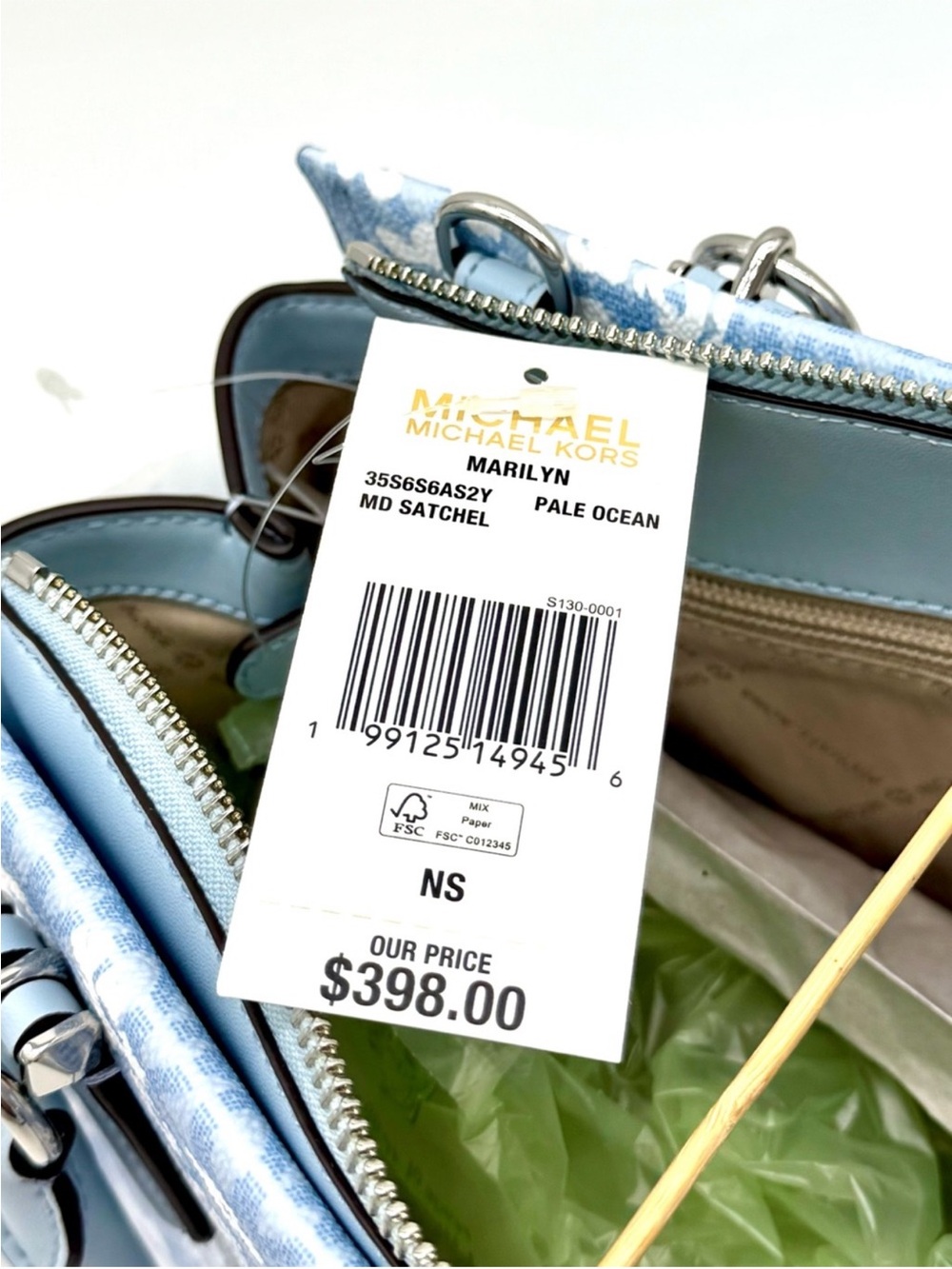 Michael Kors Marilyn Medium Printed Signature Logo Satchel Bag - Pale Ocean - Picture 8 of 8
